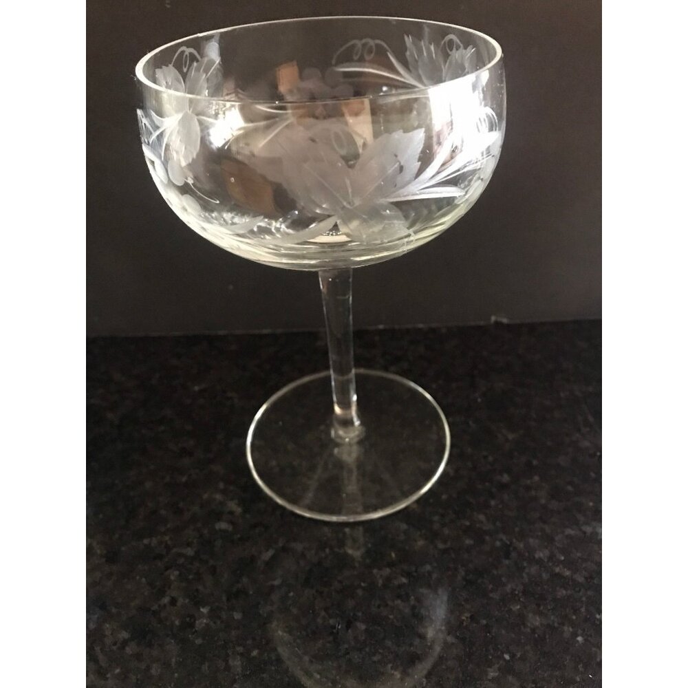 1960's Total Of 5 Available Etched Clear Crystal Champagne Stems Made in Romania